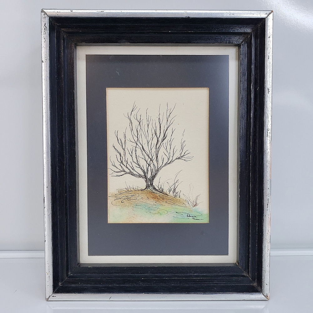 Handmade Signed Tree Pen Ink Drawing Framed 7x9 Black White Green Art Rebecca...